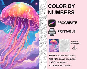 Jellyfish Color By Number Procreate Page, Adult Digital Coloring Book (PDF, SVG, PNG)