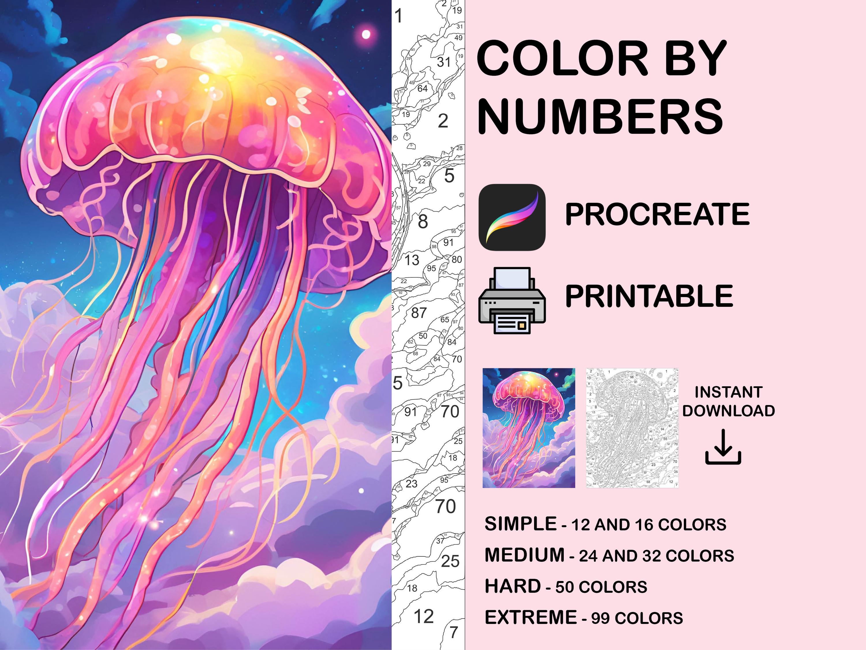 Méduses Coloriage par Numéros Pages de Coloriage Numériques pour Adultes | Procreate & Livre Kawaii Imprimable