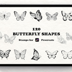 May include: A digital art display on a tablet shows 120 butterfly shapes. The black and white butterfly designs are labeled "Stamps for Procreate". The butterflies are in various styles, including detailed and outline designs.