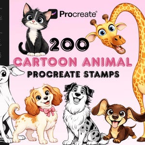 Könnte beinhalten: Digitale Grafik mit einer schwarz-weißen Katze, einer Giraffe und Zeichentrickhunden. Das Bild enthält den Text "200 Cartoon Animal Procreate Stamps" in Rosa und Schwarz.