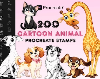 Procreate Cartoon Haustier Pinsel | 200 Tier Briefmarken, Hund, Katze, Vogel, Fisch & Haustiere