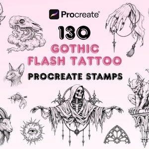 May include: A digital collection of 130 gothic flash tattoo Procreate stamps featuring black and white line art illustrations of a skeleton, gargoyle, goat, cat, spider, bird, eye, and architectural elements on a light pink background.