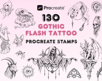 ゴシックタトゥー用Procreateスタンプ130種類、ゴシックフラッシュタトゥーステンシル、ダークアートタトゥーデザイン、タトゥーブラシセット