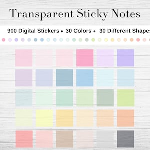 May include: A digital sticker sheet featuring 900 transparent stickers in 30 different colours and 30 different shapes. The stickers are arranged in rows of 5, with each row showcasing a different colour. The colours range from light pink to light blue to light green to light yellow to light orange. The stickers are ideal for adding a touch of whimsy to planners, journals, and other paper crafts.