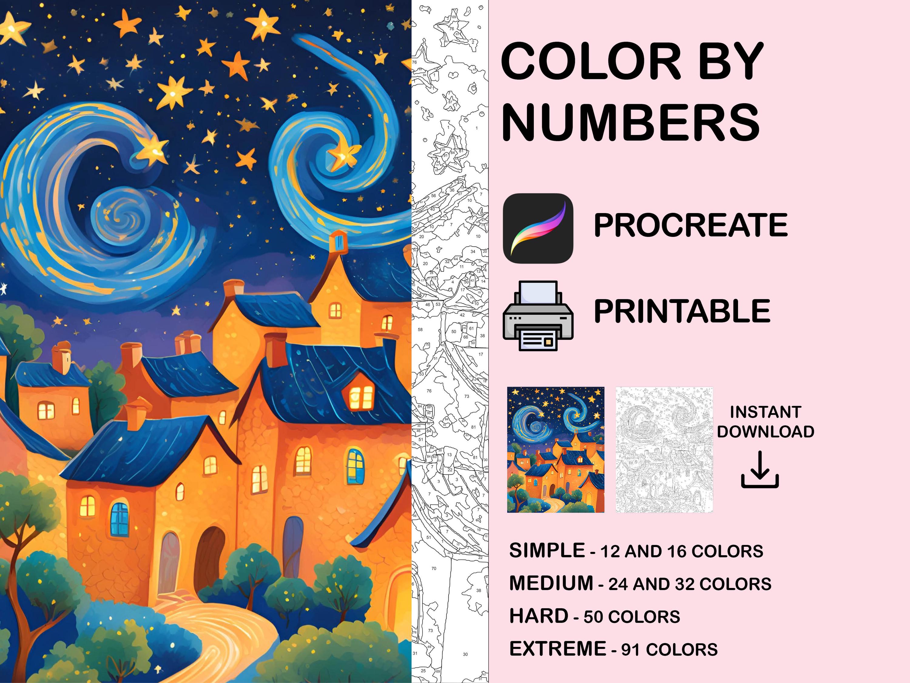 Páginas de colorear digitales de casa por números para adultos | Kawaii Cottage Procreate e imprimible