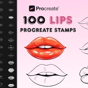 Puede incluir: Producto de arte digital con diseños de labios. La imagen incluye una ilustración de labios rojos brillantes, dibujos de labios delineados y el texto "100 LIPS PROCREATE STAMPS" con el logotipo de Procreate, sobre un fondo rosa y negro.