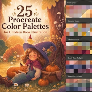 Może przedstawiać: Grafika cyfrowa z tekstem 25 Procreate Color Palettes for Children Book Illustration. Obraz przedstawia dziecko w fioletowym kapeluszu siedzące w lesie z lisem, dyniami i koszykiem, obok pięciu pr&oacute;bek palet kolor&oacute;w.