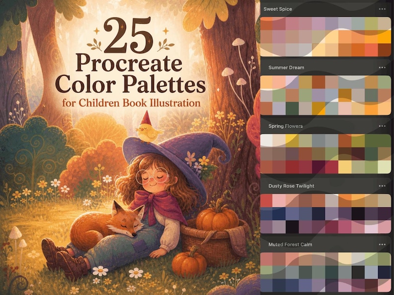 Może przedstawiać: Grafika cyfrowa z tekstem 25 Procreate Color Palettes for Children Book Illustration. Obraz przedstawia dziecko w fioletowym kapeluszu siedzące w lesie z lisem, dyniami i koszykiem, obok pięciu pr&oacute;bek palet kolor&oacute;w.