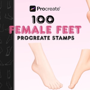 Puede incluir: Producto digital con 100 sellos Procreate de pies femeninos. La imagen muestra ilustraciones de pies en varias poses, un logotipo de Procreate y texto rosa. El fondo es de color rosa suave.