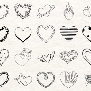 May include: A collection of hand-drawn heart illustrations in black and white. The designs include hearts with floral wreaths, a planet, flames, polka dots, and the word "LOVE". These designs are perfect for Valentine's Day or other romantic themes.