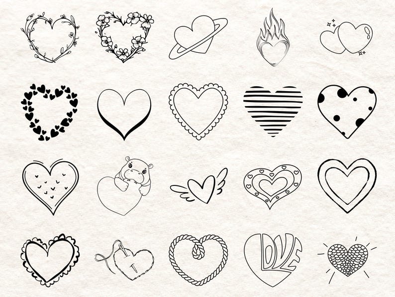 May include: A collection of hand-drawn heart illustrations in black and white. The designs include hearts with floral wreaths, a planet, flames, polka dots, and the word "LOVE". These designs are perfect for Valentine's Day or other romantic themes.