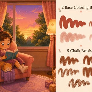 Może przedstawiać: Cyfrowa ilustracja dziecka czytającego książkę w r&oacute;żowym fotelu z kotem, obok menu pędzli z etykietami 2 Base Coloring Brushes i 5 Chalk Brushes, przedstawiająca r&oacute;żne teksturowane brązowe i czerwone pr&oacute;bki falistych pociągnięć.