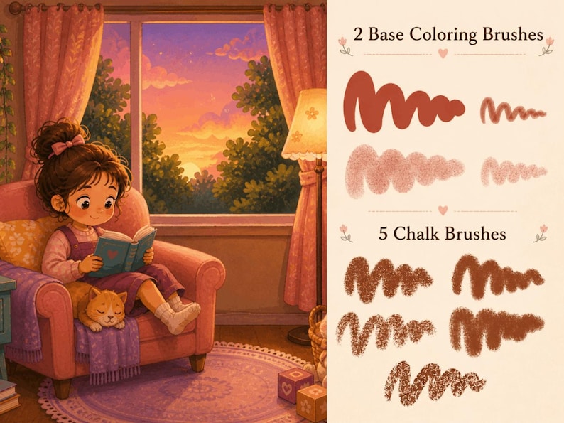 Może przedstawiać: Cyfrowa ilustracja dziecka czytającego książkę w r&oacute;żowym fotelu z kotem, obok menu pędzli z etykietami 2 Base Coloring Brushes i 5 Chalk Brushes, przedstawiająca r&oacute;żne teksturowane brązowe i czerwone pr&oacute;bki falistych pociągnięć.