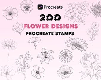 200 Procreate Flower Stamps, Botanical Floral Brush Set, Fineline Flower Tattoo & Line Art Brushes