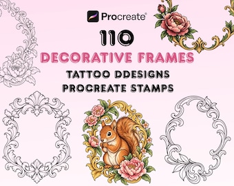 110 Decorative Frame Procreate Stamps, Ornamental Tattoo Frames, Floral Frame Tattoo Designs, Procreate Tattoo Brushes
