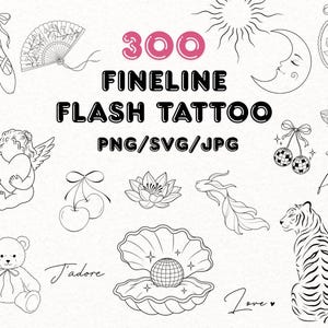 May include: A collection of 300 black and white fineline flash tattoo designs including ballet slippers, a fan, a crescent moon, a cherub, cherries, a lotus, a teddy bear, a disco ball in a shell, and a tiger with the text 300 FINELINE FLASH TATTOO.