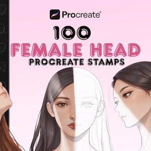 May include: Digital art product for Procreate. The image features three illustrations of female faces, with the text "100 FEMALE HEAD PROCREATE STAMPS" and the Procreate logo. The background is a light pink colour.