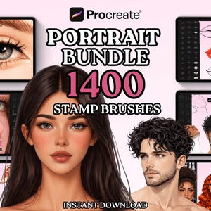May include: Digital art bundle for Procreate featuring portrait stamp brushes. The image displays a woman and a man, along with examples of eyes, lips, noses, and ears. The text reads "PORTRAIT BUNDLE 1400 STAMP BRUSHES" and "INSTANT DOWNLOAD."