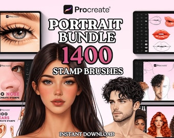 1400 Procreate Portrait Stamp Brushes Bundle, weiblich männliches Gesicht Zeichnung Paket