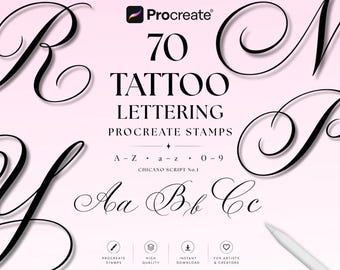70 Tattoo Lettering Procreate Stamps, Chicano Script Alphabet, Tattoo Font Calligraphy, Lettering Brush Set, Numbers & Flourishes