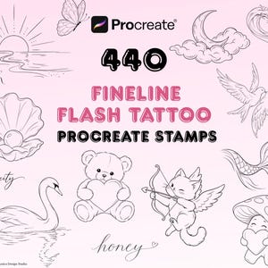 440 Fineline Flash Tattoo Procreate Stempel, Mini-Tattoo-Vorlagen, minimalistische Tattoo-Designs, süßes feminines Tattoo-Pinselset