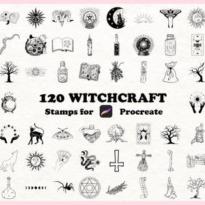 Puede incluir: Una colección de 120 sellos con temática de brujería para Procreate, con varias ilustraciones en blanco y negro. Los diseños incluyen lunas, estrellas, botellas de pociones, mariposas y otros símbolos místicos. Se muestra el texto "120 WITCHCRAFT Stamps for Procreate".