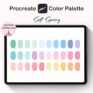 May include: A digital color palette for the Procreate app, featuring a soft spring color scheme. The palette includes 24 colors, ranging from light blues and greens to pinks and yellows.