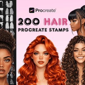 May include: A digital collection of 200 hair Procreate stamps featuring a variety of illustrated hairstyles. The graphic displays three distinct portraits with different hair textures and colours, alongside a grid of white line art hair icons.