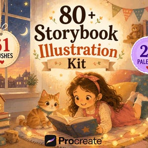 Może przedstawiać: Cyfrowy zestaw ilustracyjny zatytułowany 80+ Storybook Illustration Kit przedstawiający dziecko czytające książkę z kotem. Obraz zawiera etykiety tekstowe dla 61 pędzli i 25 palet oraz logo Procreate na dole w przytulnym pokoju.