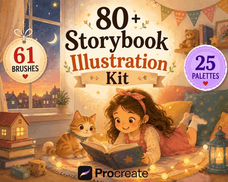 Może przedstawiać: Cyfrowy zestaw ilustracyjny zatytułowany 80+ Storybook Illustration Kit przedstawiający dziecko czytające książkę z kotem. Obraz zawiera etykiety tekstowe dla 61 pędzli i 25 palet oraz logo Procreate na dole w przytulnym pokoju.