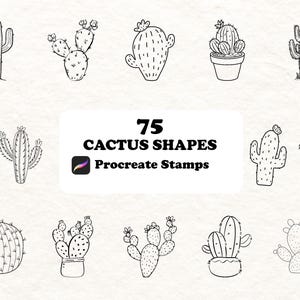 May include: A collection of 10 black and white cactus illustrations. The image includes various cactus shapes, from tall, slender cacti to round, spiky ones. The text in the image reads "75 CACTUS SHAPES Procreate Stamps".