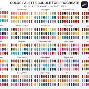 May include: A digital colour palette bundle for Procreate, featuring 100 palettes and 3000 colour swatches. Each palette is displayed with a variety of colour samples, showcasing a range of hues and shades for digital art projects.