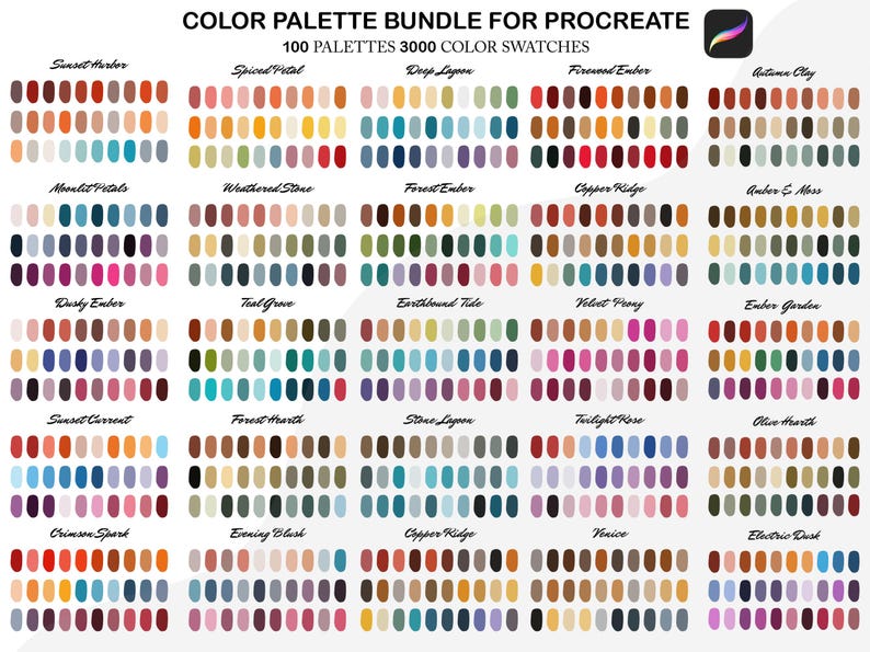May include: A digital colour palette bundle for Procreate, featuring 100 palettes and 3000 colour swatches. Each palette is displayed with a variety of colour samples, showcasing a range of hues and shades for digital art projects.