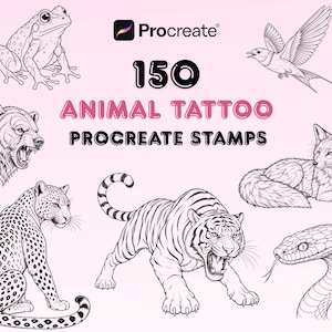 Puede incluir: Una colección digital de 150 sellos Procreate de tatuajes de animales con ilustraciones de líneas negras de una rana, pájaro, oso, zorro, leopardo, tigre y serpiente sobre un fondo rosa claro con el texto Procreate 150 ANIMAL TATTOO PROCREATE STAMPS.