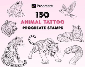 150 Animal Tattoo Procreate Stamps, Wildlife Tattoo Designs, Wild Animal Tattoo Brush Set, Tiger Wolf Snake Fox Tattoo Stamps