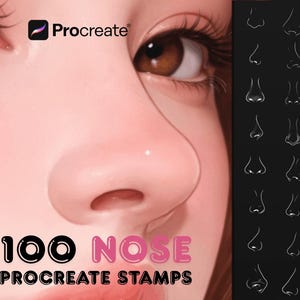 May include: Digital art product featuring a close-up of a face with a nose piercing and a collection of 100 nose Procreate stamps. The text "100 NOSE PROCREATE STAMPS" is displayed in black and pink.