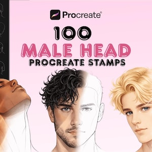 May include: Digital art product featuring three male head illustrations and the text "100 Male Head Procreate Stamps." The Procreate logo is in the upper right corner. The background is a light pink color.