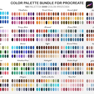 May include: A digital art colour palette bundle for Procreate, featuring 100 palettes and 3000 colour swatches. The image displays various colour schemes, including Crystal Blue, PlumEmber, and Harvest Gold, with text overlaying the image.