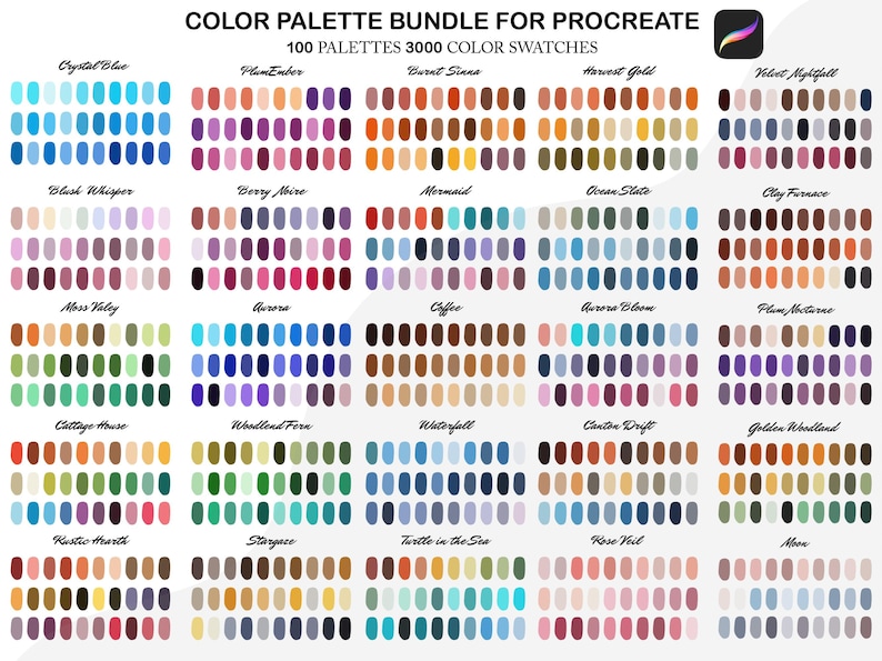 May include: A digital art colour palette bundle for Procreate, featuring 100 palettes and 3000 colour swatches. The image displays various colour schemes, including Crystal Blue, PlumEmber, and Harvest Gold, with text overlaying the image.