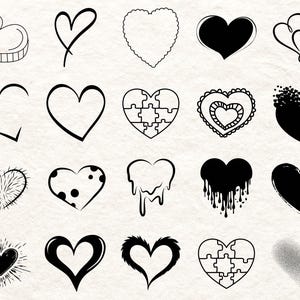 May include: A collection of various heart illustrations in black and white. The designs include solid hearts, outlined hearts, hearts with patterns, and hearts with unique textures, perfect for Valentine's Day or other romantic themes.