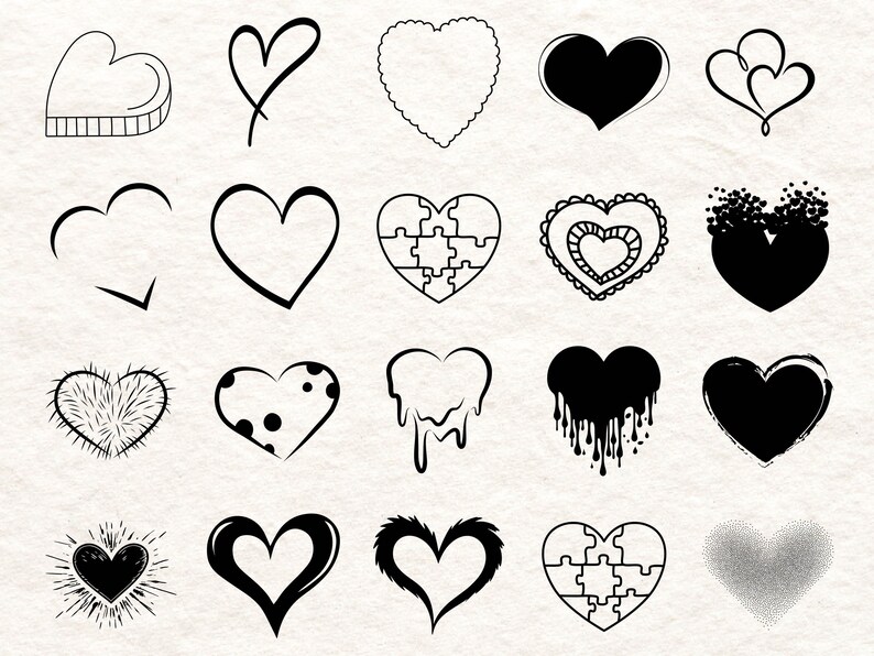 May include: A collection of various heart illustrations in black and white. The designs include solid hearts, outlined hearts, hearts with patterns, and hearts with unique textures, perfect for Valentine's Day or other romantic themes.
