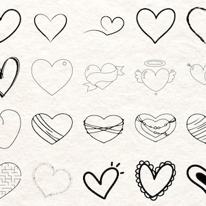 May include: A collection of 18 black and white heart illustrations in various styles. Some hearts are outlined, others are filled, and some have decorative elements like ribbons, wings, and a maze design. The hearts are arranged on a textured, off-white background.