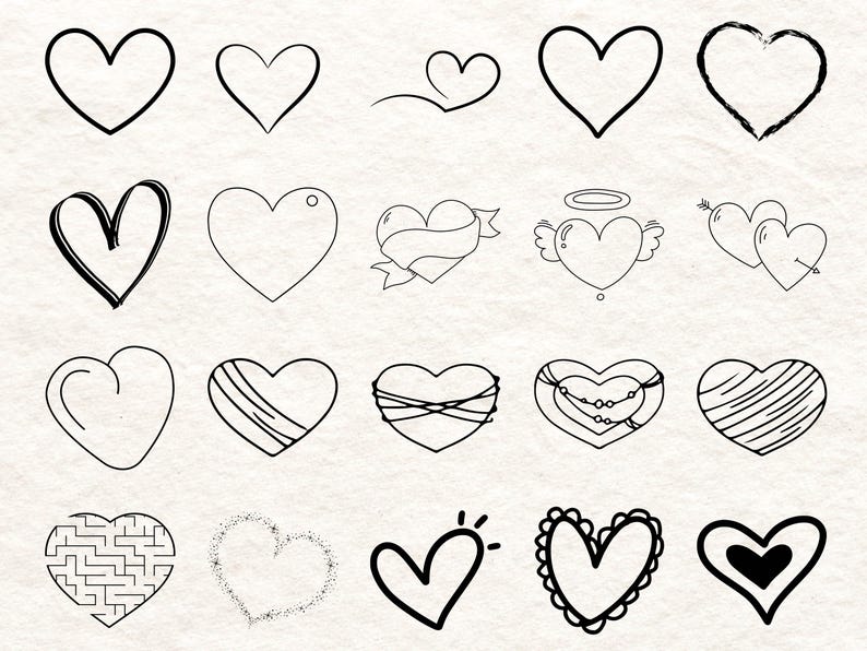 May include: A collection of 18 black and white heart illustrations in various styles. Some hearts are outlined, others are filled, and some have decorative elements like ribbons, wings, and a maze design. The hearts are arranged on a textured, off-white background.