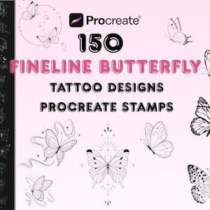 May include: A digital collection of 150 fineline butterfly tattoo designs and Procreate stamps. The image features various black and white butterfly illustrations, including detailed wing patterns and decorative elements, set against a light pink background.