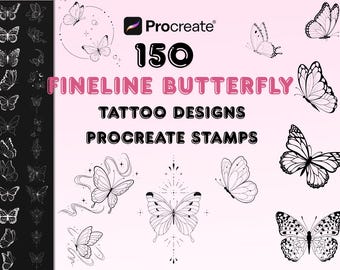 150 Fineline Butterfly Tattoo Stamps, Procreate Brushes, Feminine Tattoo Art (Digital Download)