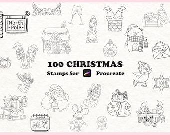 100 Weihnachten Procreate Stempel, Weihnachtsmann, Rentier Pinsel Set (Digitaler Download)