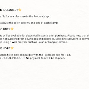 May include: Text on a white background with gold star accents. The text includes "WHAT'S INCLUDED?", "HOW TO USE?", and "PLEASE NOTE". The text describes a digital product, a brushes file for the Procreate app, and download instructions.