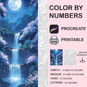 May include: Color by numbers digital art printable for Procreate.  The image shows a blue waterfall cascading down a cliff in a forest with a full moon in the night sky.  The image is divided into numbered sections for coloring.