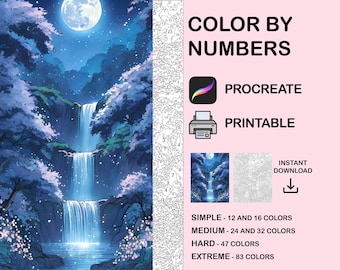 Wasserfall Farbe nach Nummer Seite, Procreate Natur Malbuch (Digitaler Download)