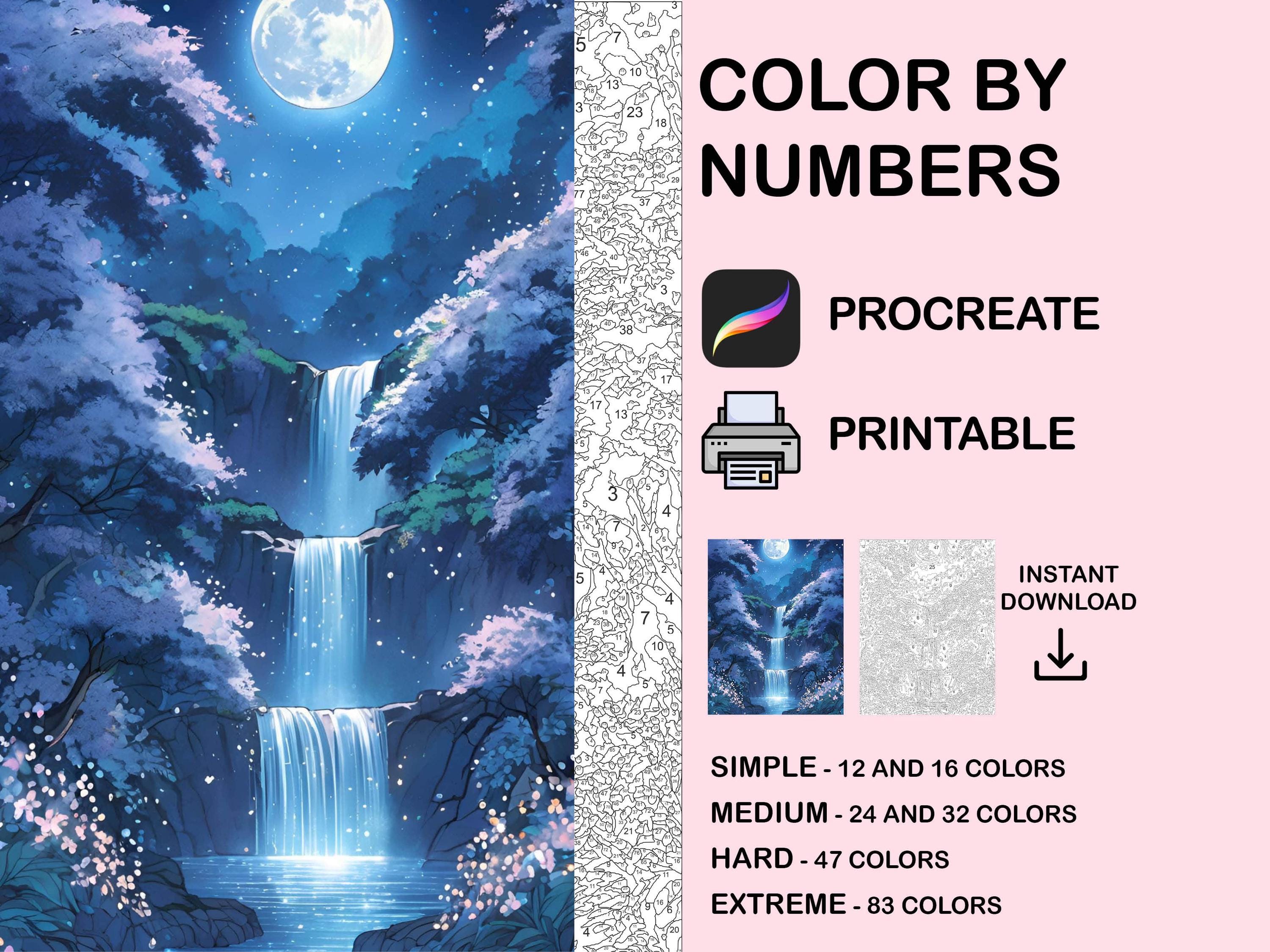 Páginas de colorear digitales Cascada por números para adultos | Procreate y libro de colorear kawaii imprimible